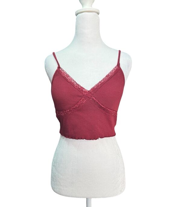 No Boundaries Tops - Y2K Womens Burgundy Ribbed Babydoll Crop Cami Tank Top Lace Fairy Grunge Medium